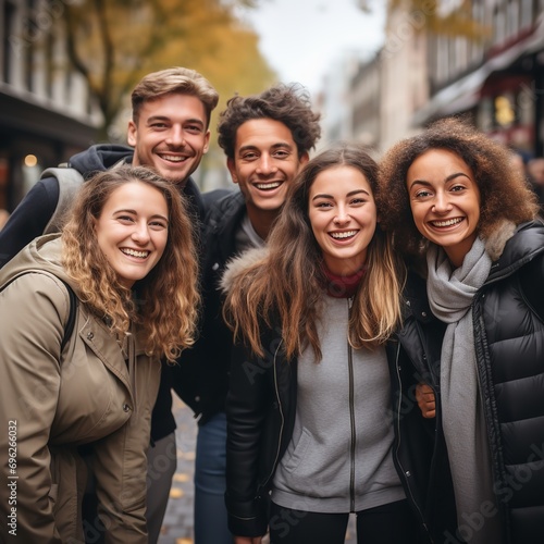 Various young teenagers grinning for the camera outside in the fall, multiracial, happy, young, Generative AI.