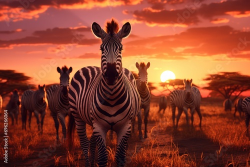 Zebra in savannah at sunset, Namibia, Africa, A herd of zebras in the savannah during the sunset, AI Generated