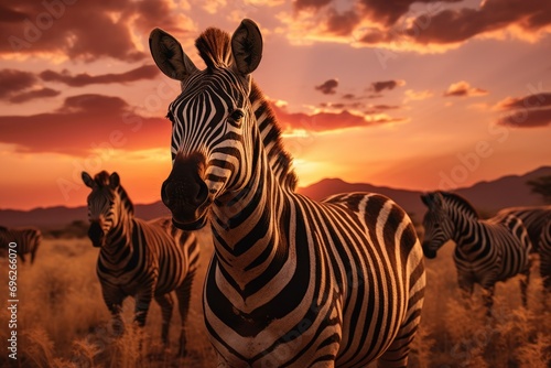 Zebra at sunset in Okavango Delta  Botswana  Africam A herd of zebras in the savannah during the sunset  AI Generated
