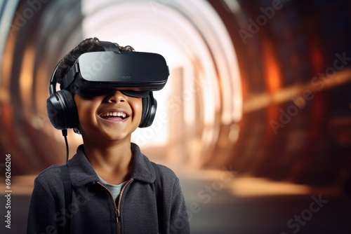 Excited young boy wearing VR headset and listening to music with his headphones A fictional character created by Generated AI.  © shelbys