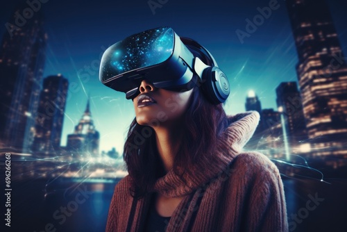 A woman enjoying a virtual reality experience in a futuristic cityscape A fictional character created by Generated AI. 
