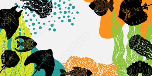 Stingray, algae, fish, jellyfish and abstract color spots. Sea life. Frame, background, postcard. Vector.