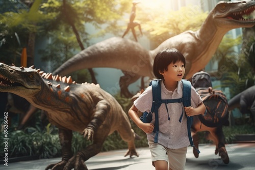 A Little Boy Running Past Dinosaurs A fictional character created by Generated AI. 