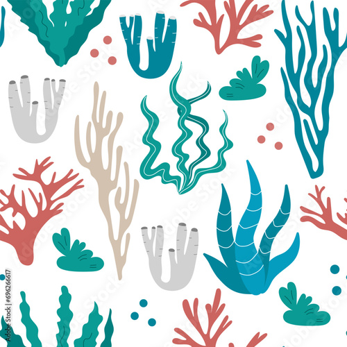 Vector Seamless Pattern with Multicolor Seaweed Shapes at the Bottom of the Sea. Bright Print for fabric, wrapping, textile, wallpaper, apparel. Underwater life