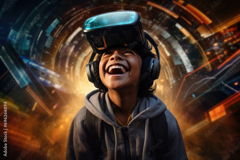 Boy Enjoying Virtual Reality Gaming A fictional character created by Generated AI. Boy Enjoying Virtual Reality Gaming A fictional character created by Generated AI.