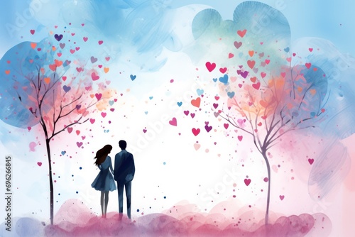 Delicate watercolor drawing of a couple in nature on Valentine's Day.