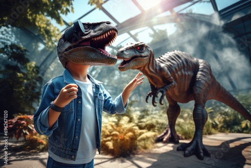 Young boy stands confidently in front of a menacing dinosaur exhibit A fictional character created by Generated AI.  © shelbys