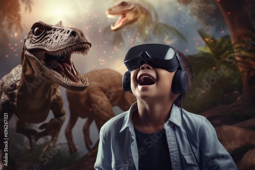 A Young Boy Enjoys Playing with Dinosaurs in VR A fictional character created by Generated AI.  © shelbys