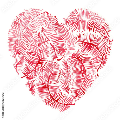 Heart isolated on white background. Filled with feathers of fine delicate lines. Different shades of red and pink. Symbol of love. Valentine's Day. Romance. photo