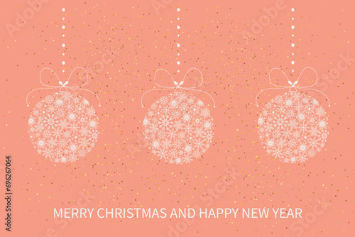 Festive Christmas card with Christmas balls made of snowflakes. Merry Christmas and Happy New Year greeting card. Vector illustration