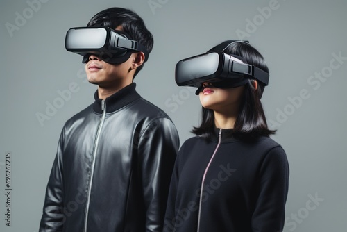A pair of young adults trying out the latest virtual reality technology A fictional character created by Generated AI. 