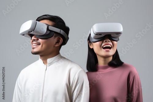 A Young Asian Couple Enjoying Their Time in a Virtual Reality A fictional character created by Generated AI. 