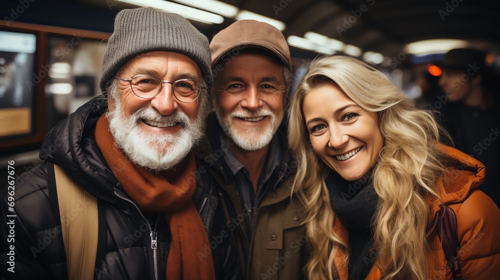 Group of senior friends taking selfie with a smartphone at a train station Group of senior friends taking selfie with a smartphone at a train station