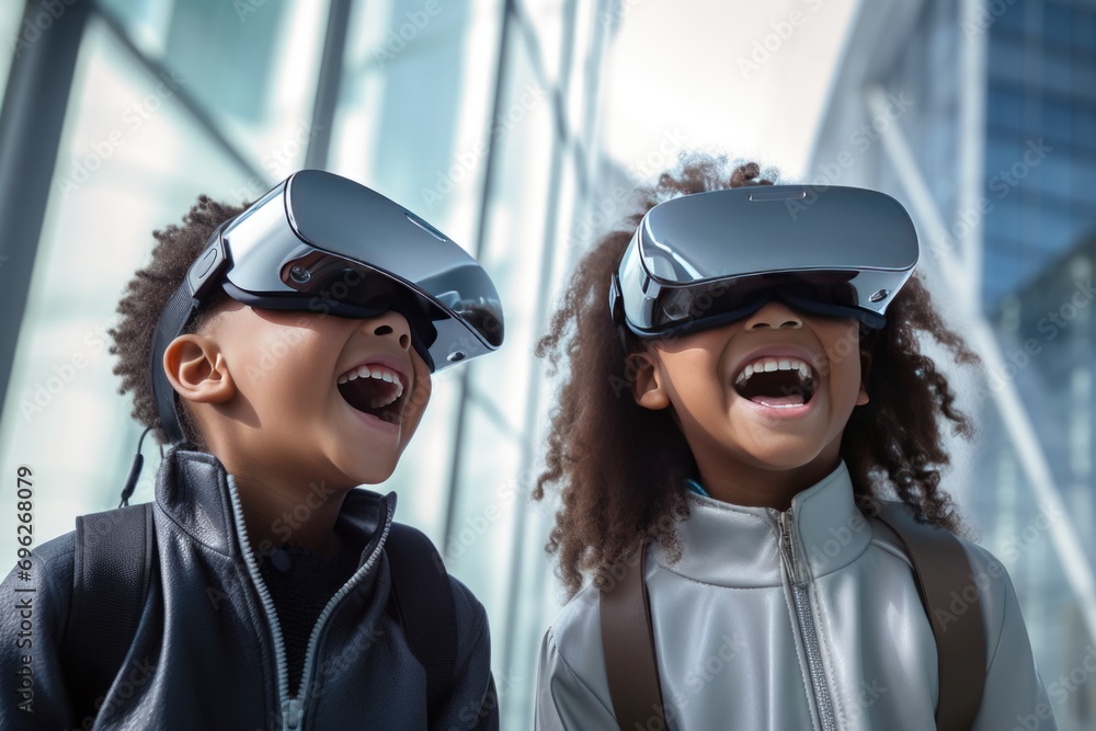 Two Children Laughing and Having Fun with Virtual Reality Headsets A fictional character created by Generated AI. Two Children Laughing and Having Fun with Virtual Reality Headsets A fictional character created by Generated AI.