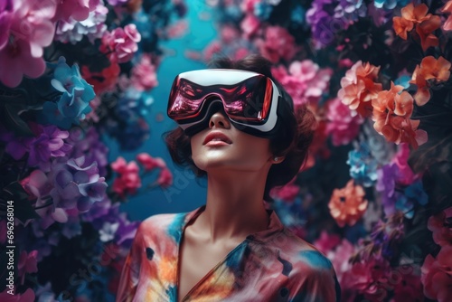A woman exploring the digital world with VR technology A fictional character created by Generated AI. 