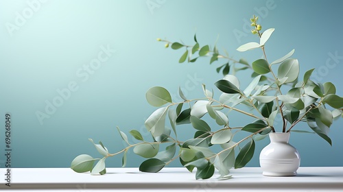 Eucalyptus leaves on light blue background with copy space.