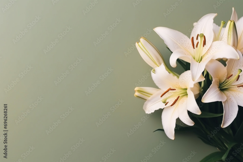 Obraz premium Woman's day, Mothers day, anniversary, marriage, birthday concept. Top view of beautiful lilies flowers blossom on plain background with blank copy space. Muted pastel colors