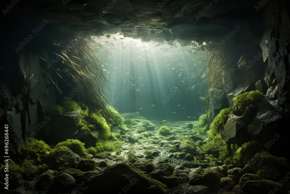 Sunlight Shining into Underwater Cave. Deep Sea, Seaweed, Rocks, Mysterious Scene