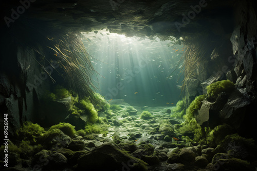Sunlight Shining into Underwater Cave. Deep Sea, Seaweed, Rocks, Mysterious Scene