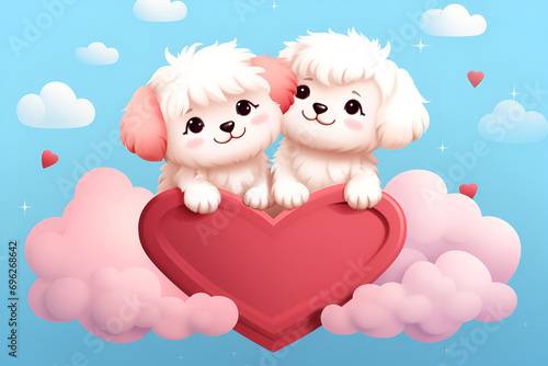 Illustration of puppies with red hearts on a pink cloud, Valentines Day © Alina