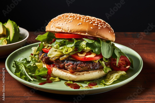 Hamburger with fresh Lettuce  Tomato  and Onions on Plate