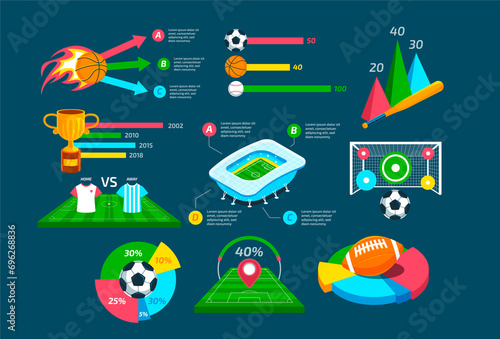 Flat sport stadium infographic template with sport objects and statistic
