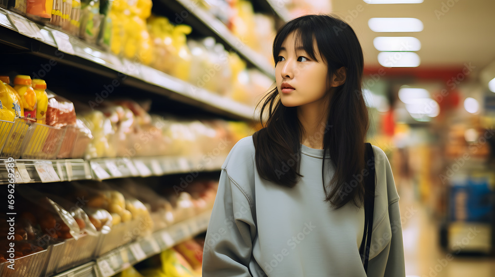 A young Asian woman is buying groceries that are on the shelves in a supermarket. Supermarket shelves full of fruits and vegetables and many different foods.
