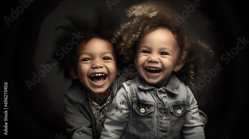 Two laughing and smiling children are playing together - happy kids laughing together | Generative AI