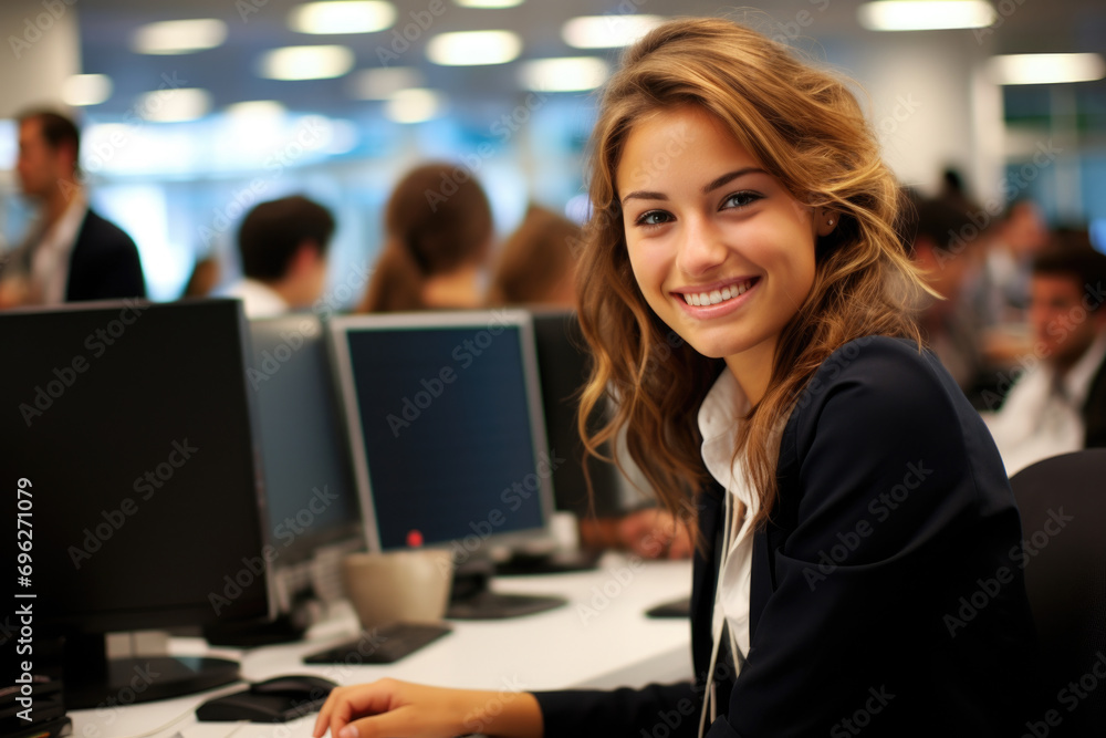 Woman is seated in front of computer monitor. This image can be used to depict concepts such as technology, work, internet, or office setting. Woman is seated in front of computer monitor. This image can be used to depict concepts such as technology, work, internet, or office setting.