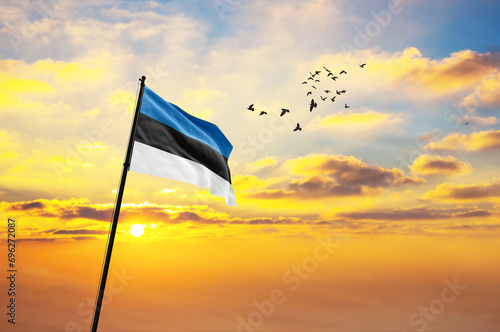 Waving flag of Estonia against the background of a sunset or sunrise. Estonia flag for Independence Day. The symbol of the state on wavy fabric.