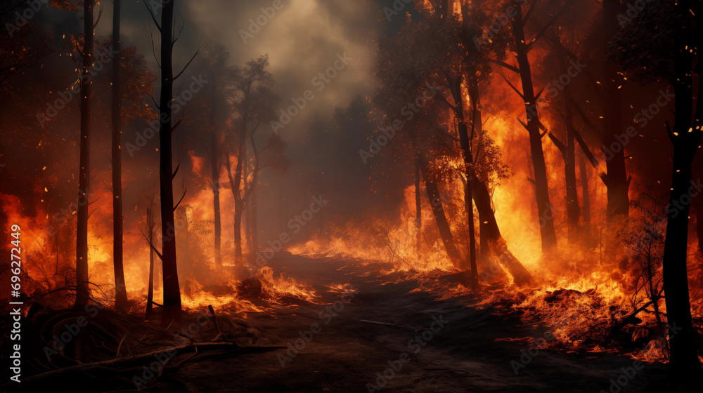 dark burning forest with black smoke around, generative ai