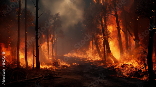 dark burning forest with black smoke around, generative ai © Evgeny