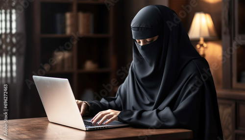 Arabian businesswoman in niqab or black garment (abaya) works in the office on the desk is a laptop. Modern Muslim business woman working in the office. Successful Islamic woman wearing burqa photo