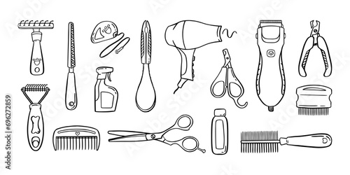Pet grooming set. Salon for animals. Doodle style animal and character hand drawn. Vector illustration.