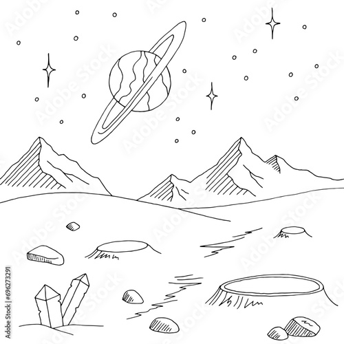 Alien planet graphic black white space landscape sketch illustration vector 
