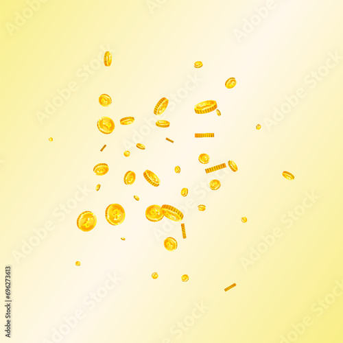 British pound coins falling. Scattered gold GBP