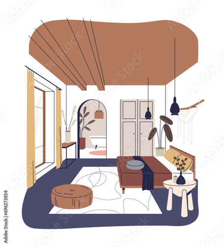 Modern bedroom interior design. Home room with bed, closet, house plant, flowers in vases, carpet, door to bathroom. Trendy furniture, cozy decor. Flat vector illustration isolated on white background
