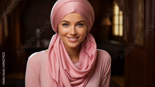 Portrait of a beautiful woman in a pink headcarf. photo