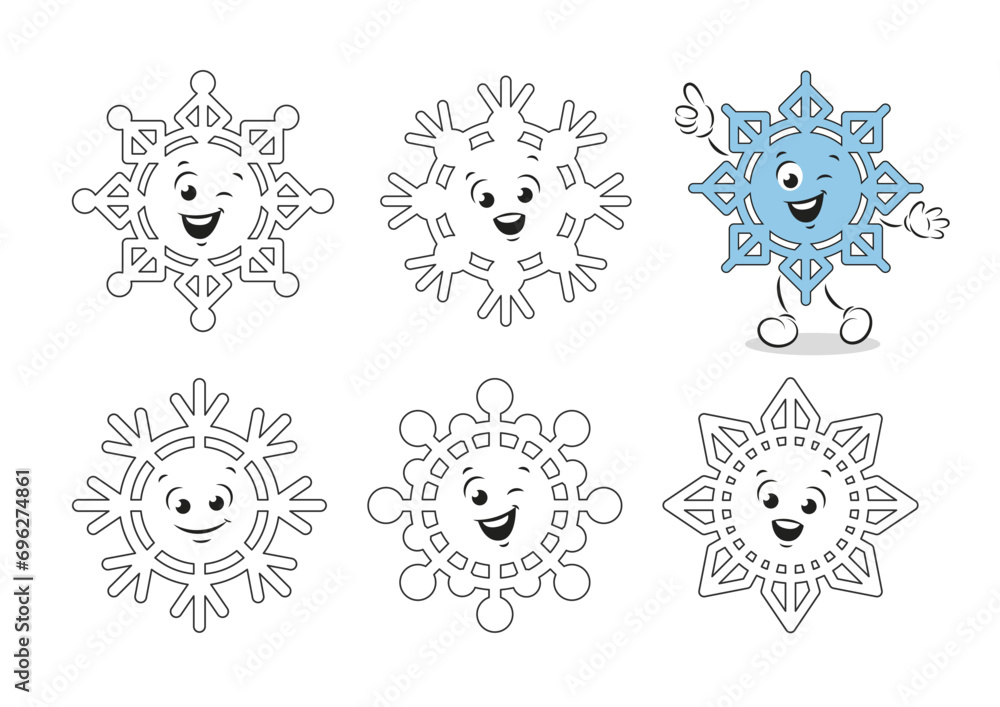 Coloring page with cute and funny of snowflakes for children. Worksheet for practicing motor skills kids. Vector illustration
