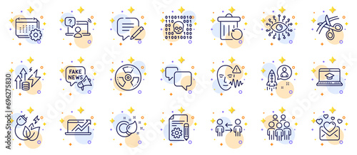 Outline set of Documentation, Group people and Calendar line icons for web app. Include Sales diagram, Write, Fake news pictogram icons. Startup, Scissors, Speech bubble signs. Vector