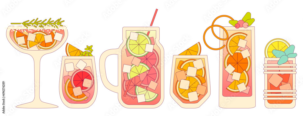 Vector flat illustration with gradient and outline. Alcoholic cold drink with citrus fruits. Cocktail set in glass. Liquid in tall glasses and tumbler glass. Margarita. Non-alcoholic beverage for bar Vector flat illustration with gradient and outline. Alcoholic cold drink with citrus fruits. Cocktail set in glass. Liquid in tall glasses and tumbler glass. Margarita. Non-alcoholic beverage for bar