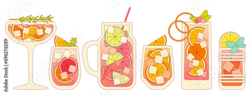 Vector flat illustration with gradient and outline. Alcoholic cold drink with citrus fruits. Cocktail set in glass. Liquid in tall glasses and tumbler glass. Margarita. Non-alcoholic beverage for bar