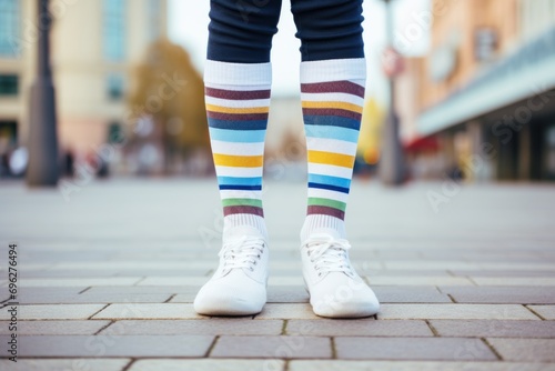 Legs with different pair of socks and white sneakers standing