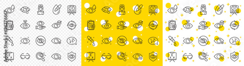 Medical laser surgery, glasses and eyedropper. Optometry, Eye doctor line icons. Pink eye, Cataract surgery and allergy icons. Vision exam problem, optician board, oculist chart. Vector
