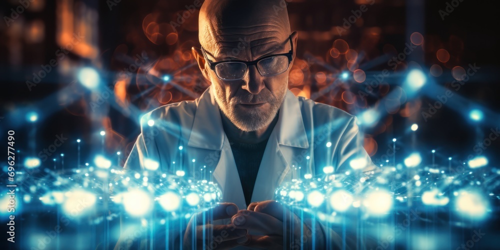 scientist holding medical testing tubes or vials of medical pharmaceutical research with blood cells and virus cure using DNA - obrazy, fototapety, plakaty 