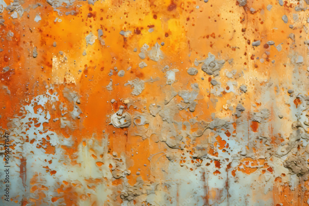 Fototapeta premium Orange and teal metal, wooden surface covered in rust or old flaking textured paintwork, old aged pattern background