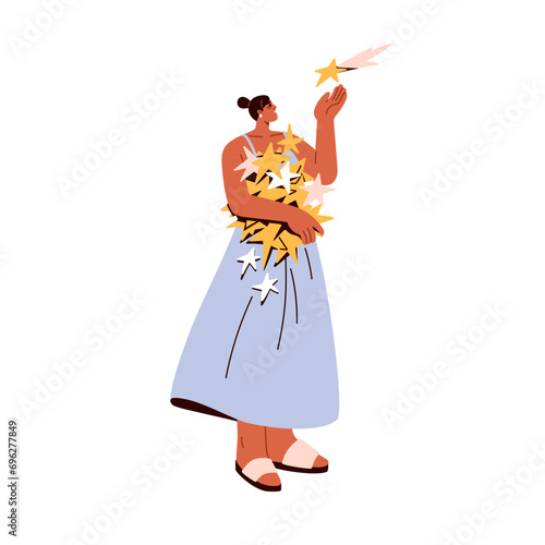 Woman holding many stars in hands, making wish. Miracle, mystery, wonder, for...