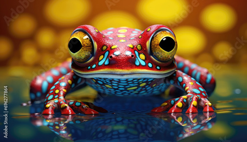 Colorful red and blue frog with striking patterns, perched on water with a golden bokeh background, radiating curiosity.