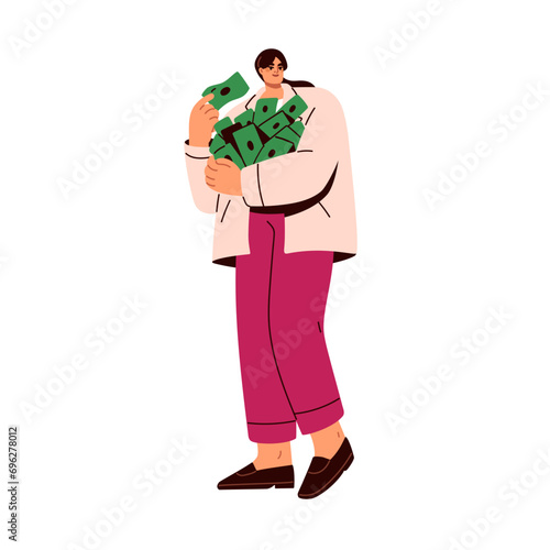 Rich woman holding much money, cash in hands. Wealthy character, millionaire with finance fortune, lot of paper bills, banknotes, dollars. Flat vector illustration isolated on white background