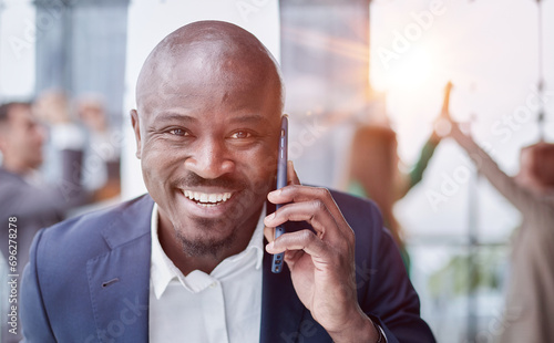 Businessman happy african american male executive manager office worker answering incoming mobile call